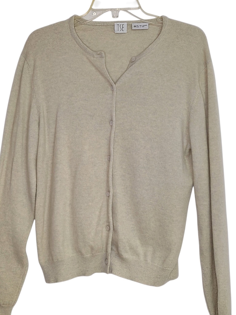 TSE 100% Pure Cashmere Heathered Taupe Button Front Crewneck Cardigan M